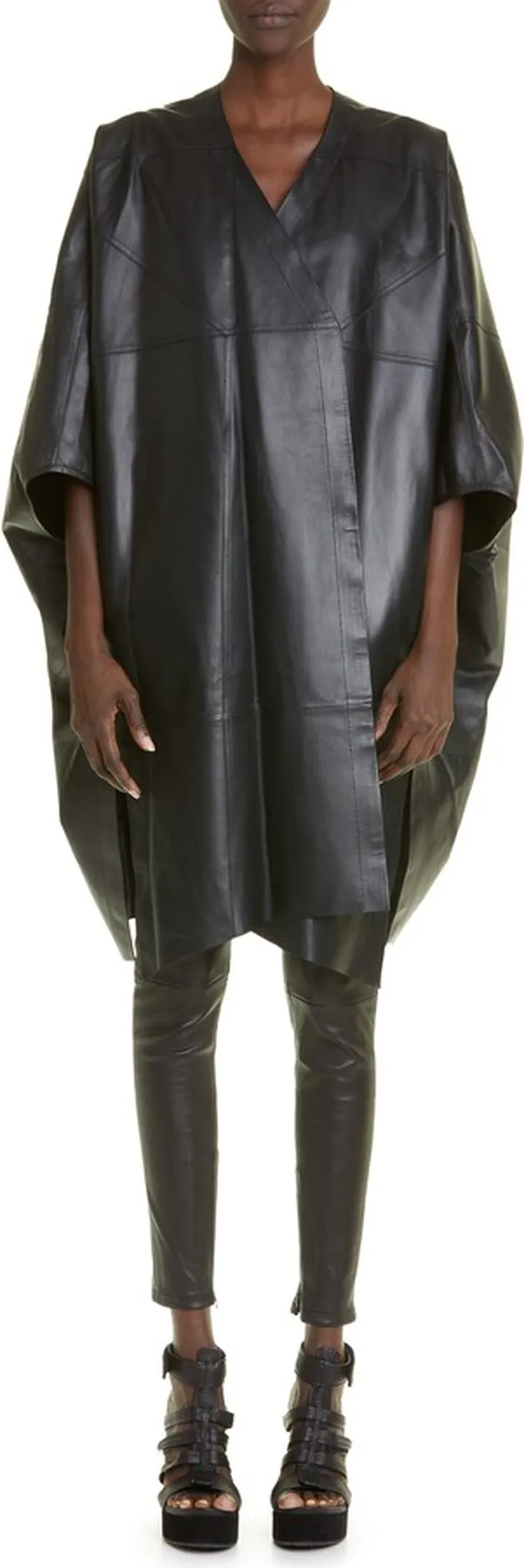 Cape Sleeve Lambskin Leather Peacoat