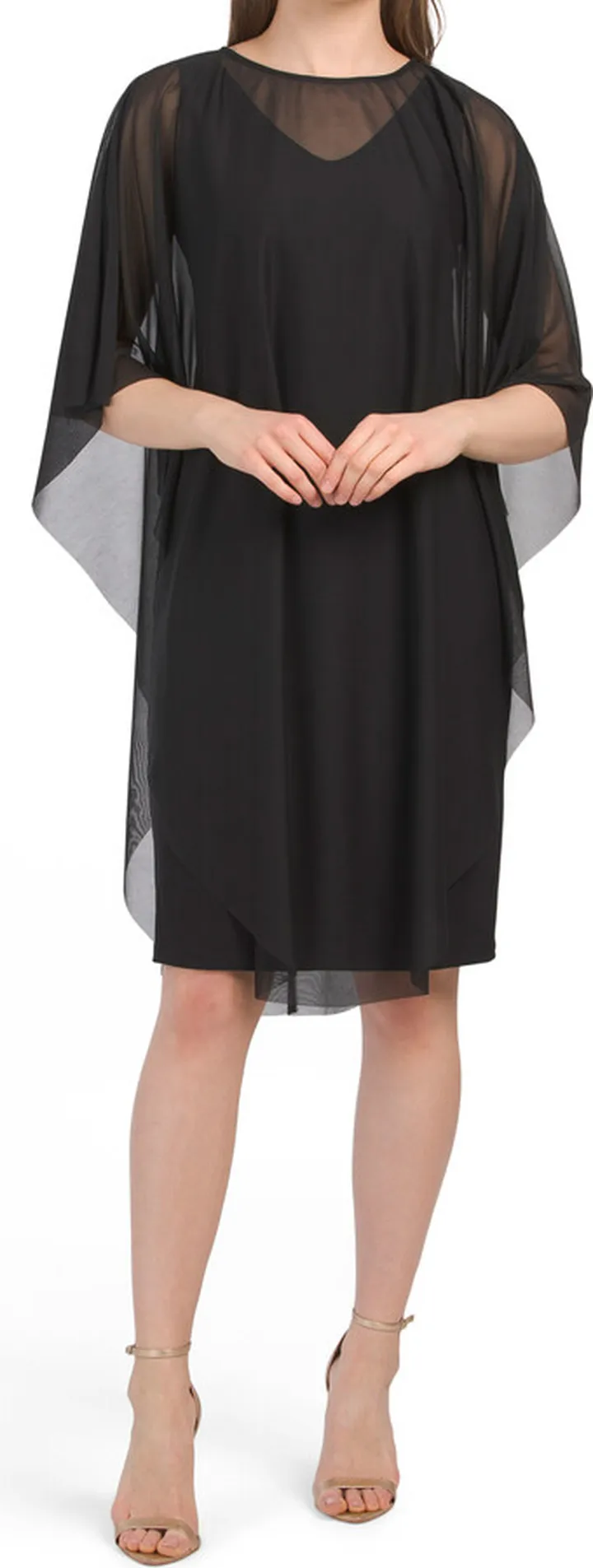 Made In Usa Illusion Sleeve Draped Cocktail Dress