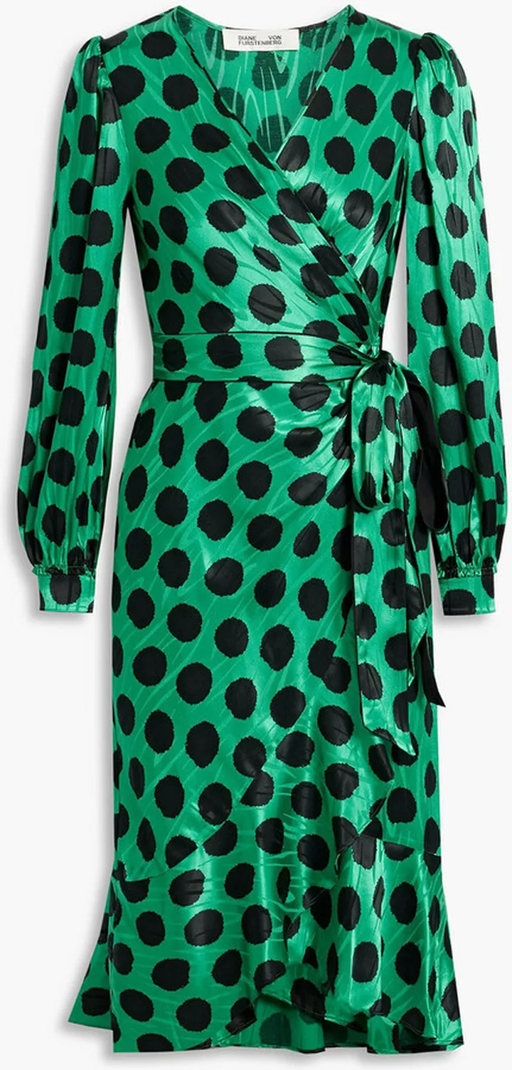 Porto fluted polka-dot satin-jacquard wrap dress