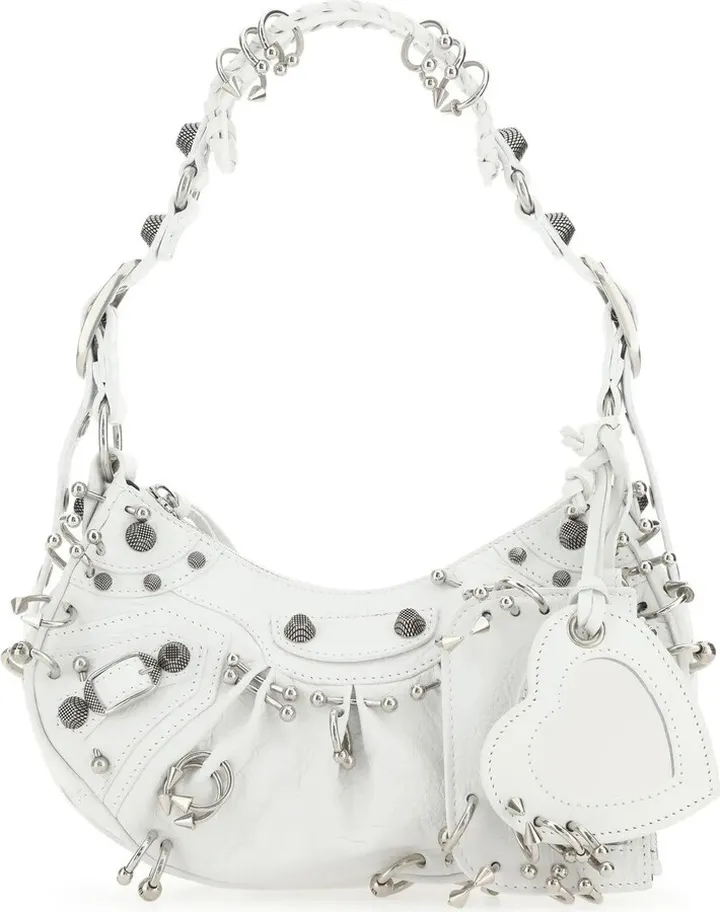 Shoulder bag realized in creased-effect calf leather enriched by metal studs and metal piercings at the front and detachable tonal leather logoed mirror.