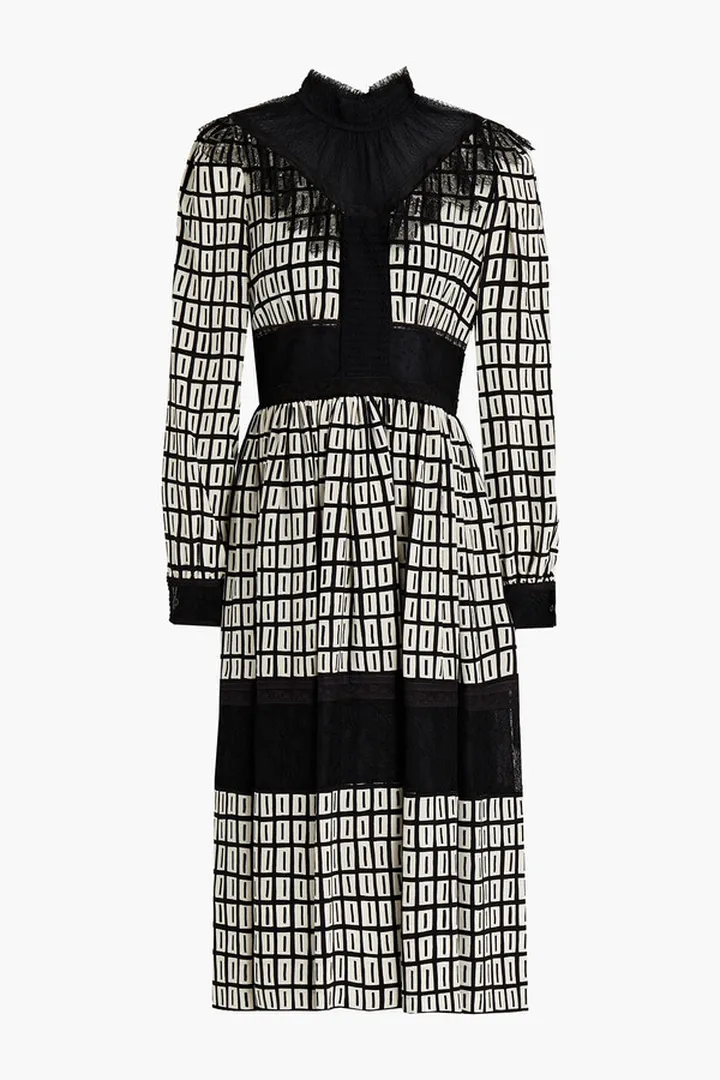 Lace-paneled printed silk crepe de chine midi dress