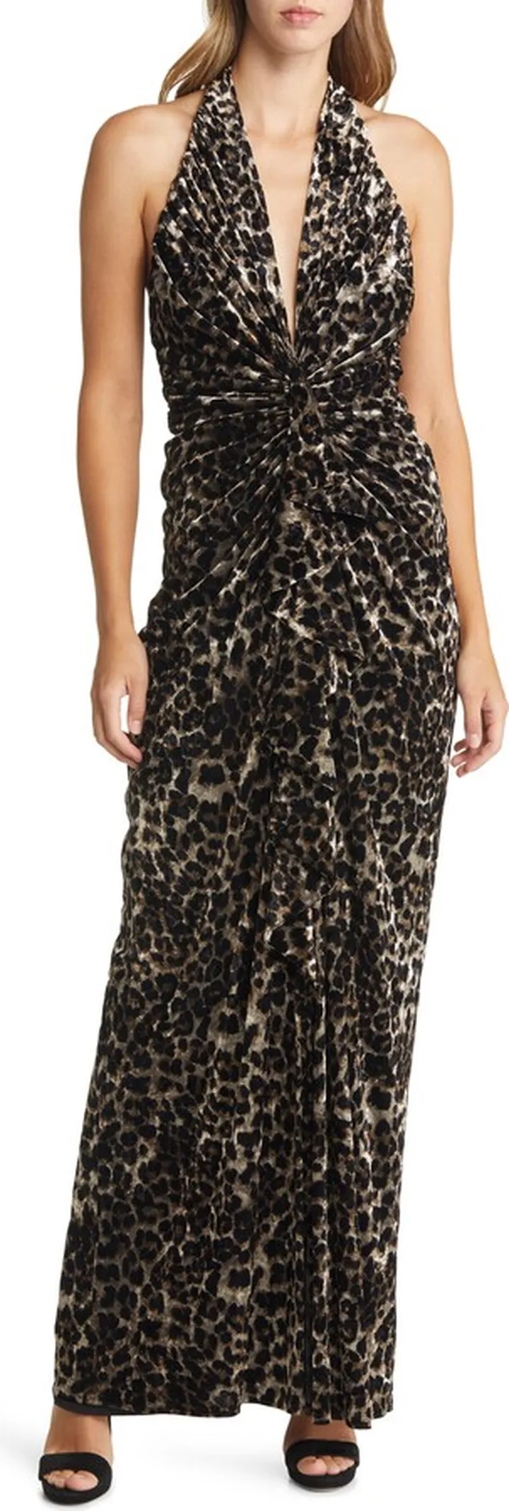 Gathered Halter Animal Print Gown