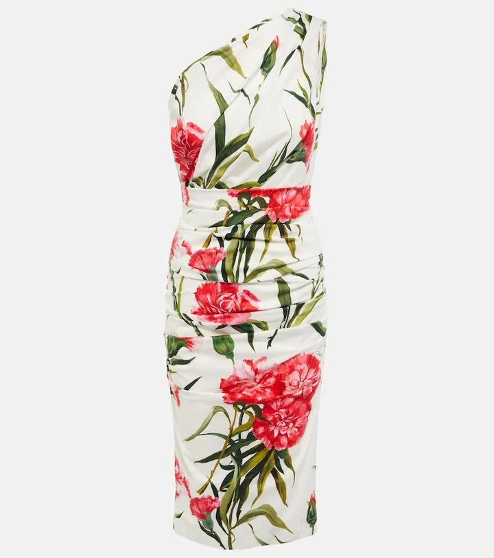 Floral one-shoulder cotton-blend midi dress