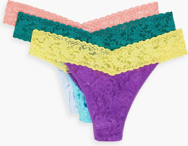 Signature set of three two-tone stretch-lace low-rise thongs
