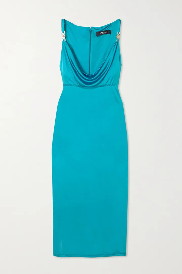 Versace - Embellished Draped Metallic Jersey Dress - Blue