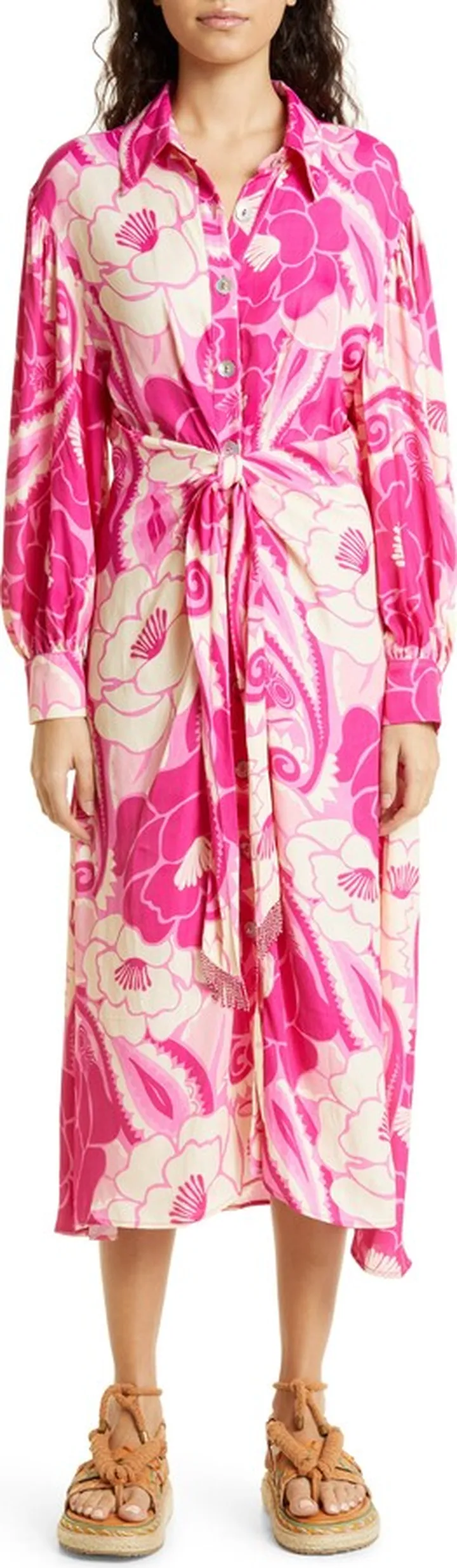 Tropical Groove Floral Long Sleeve Midi Shirtdress