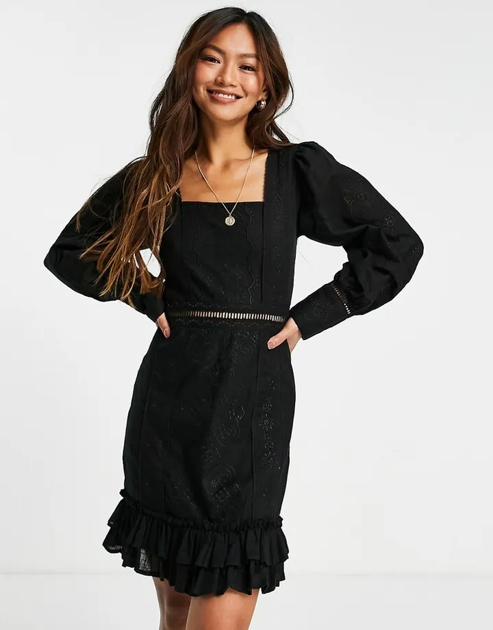 ASOS DESIGN embroidered square neck lace trim mini dress in black