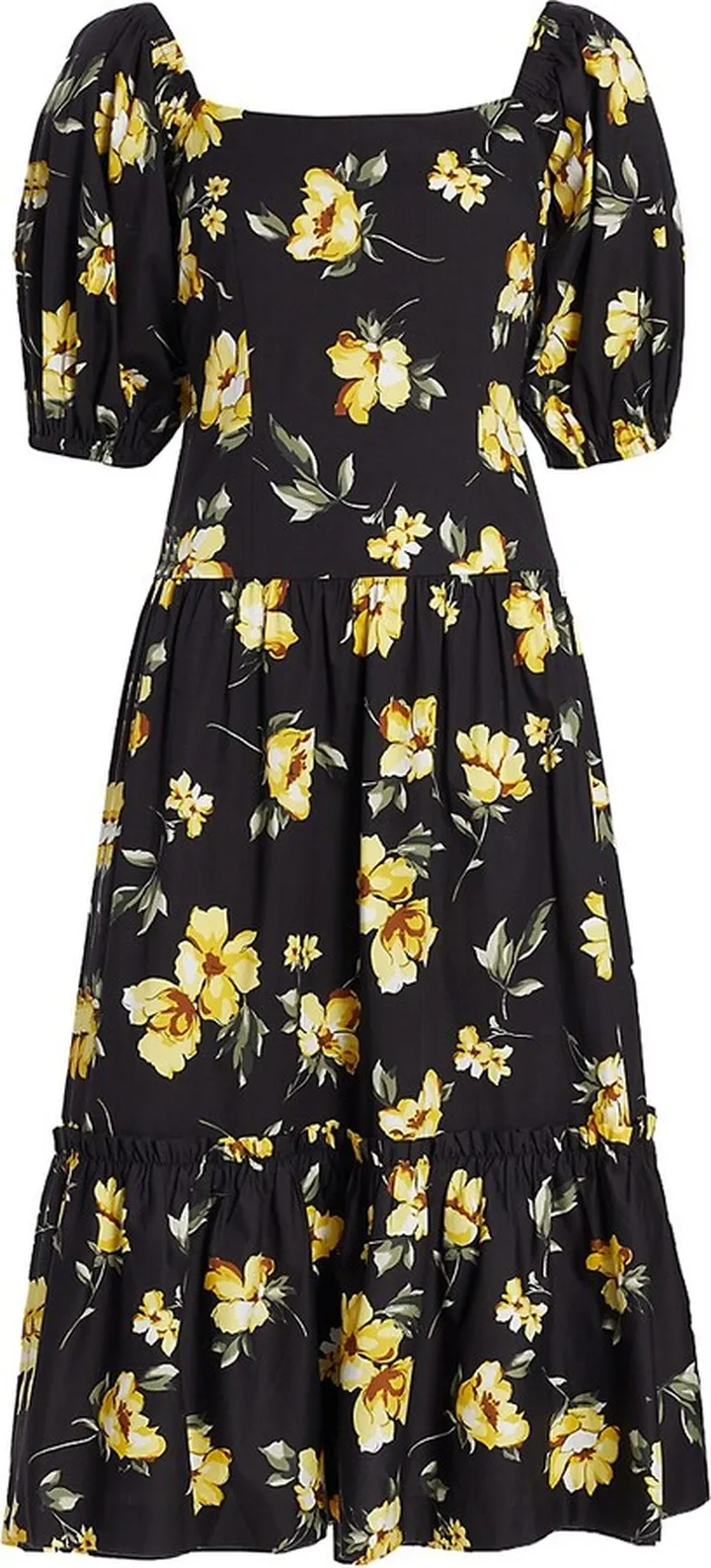 Tiered Floral Puff-Sleeve Midi-Dress