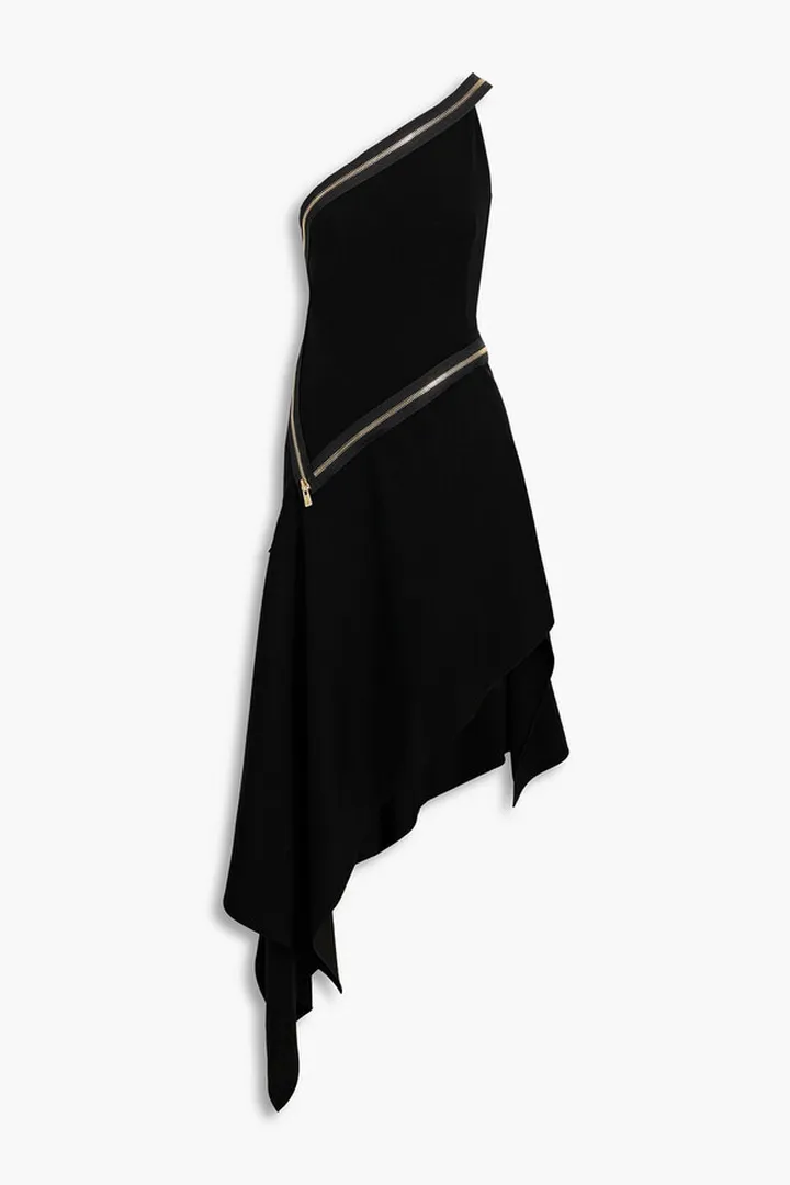 One-shoulder zip-detailed crepe dress