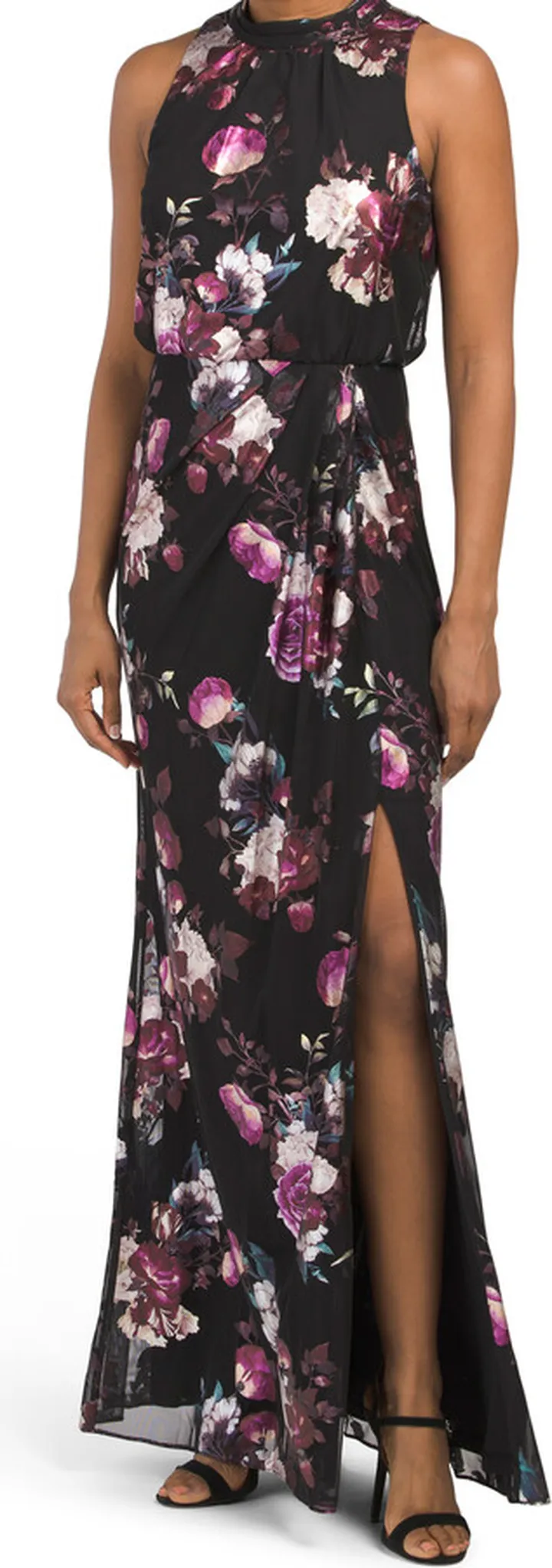 Foiled Floral Print Mesh Long Halter Blouson Gown