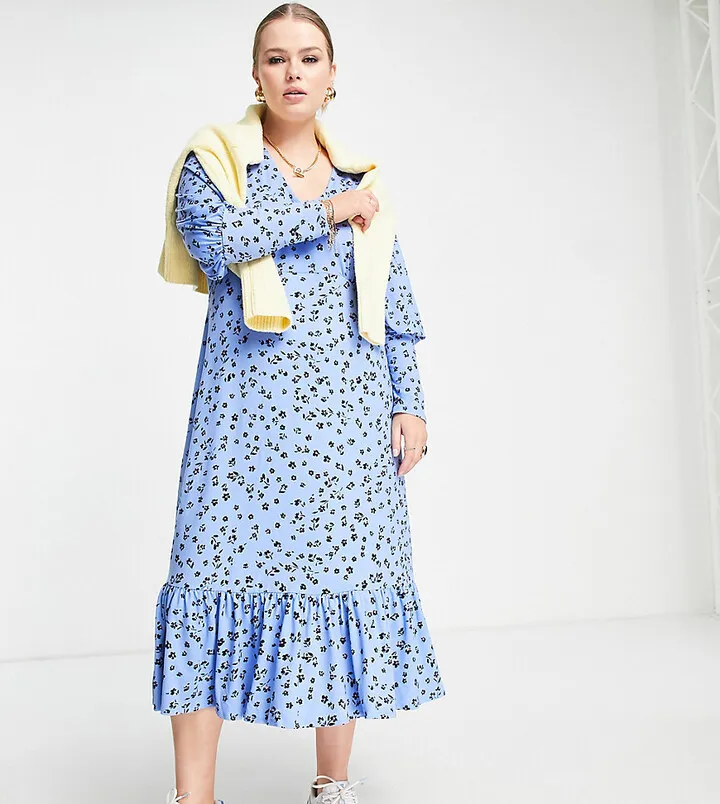 Simply Be v neck tiered midi dress in blue ditsy floral