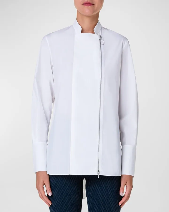 Asymmetric Zip-Front Poplin Tunic Blouse