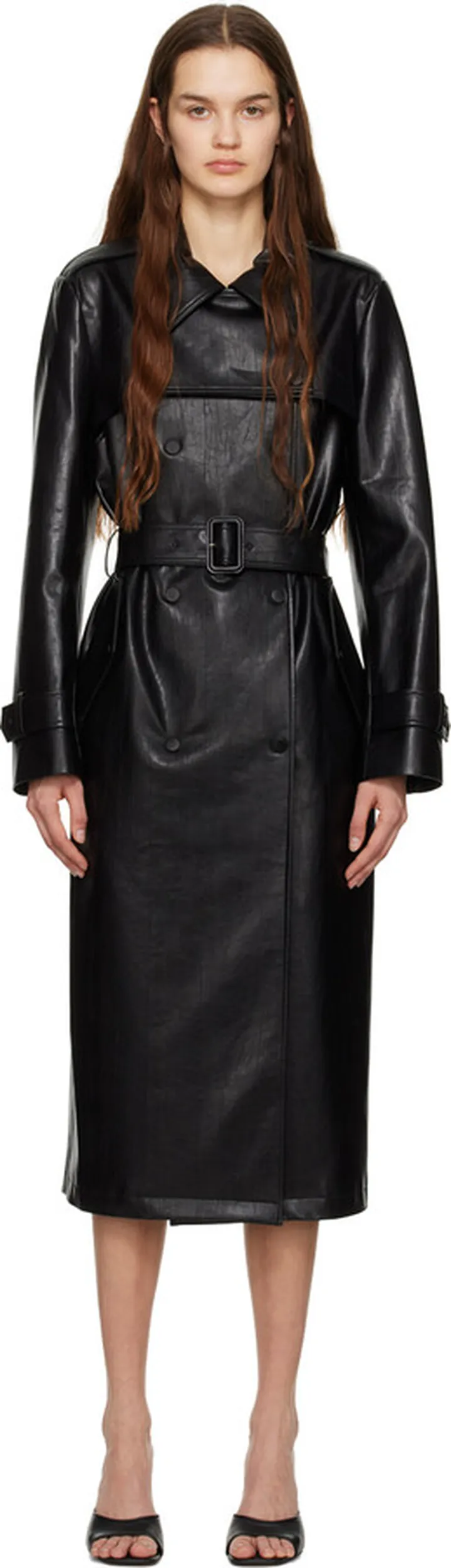 DRAE Black Layered-Wing Faux-Leather Trench Coat
