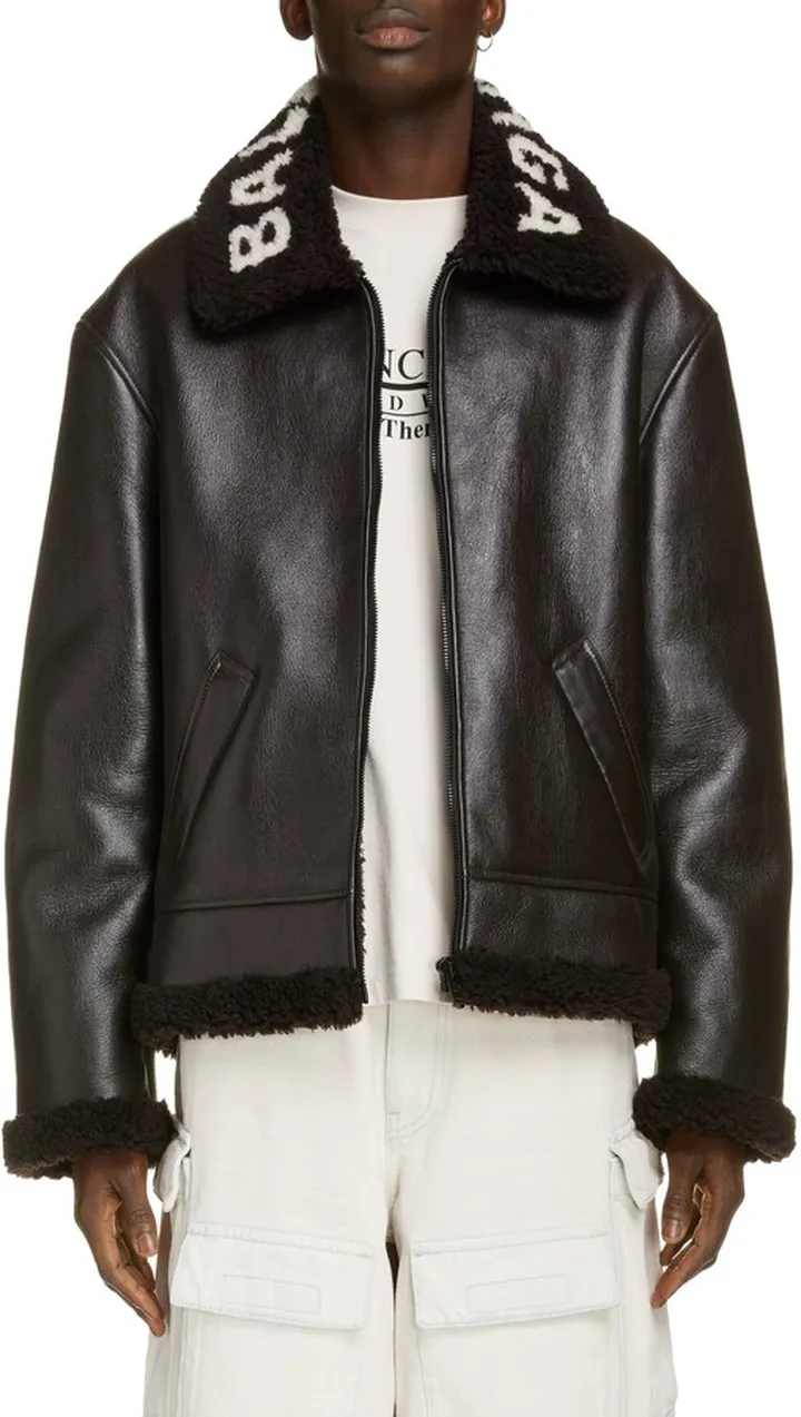 Logo Collar Leather Jacket with Genuine Shearling Lining
