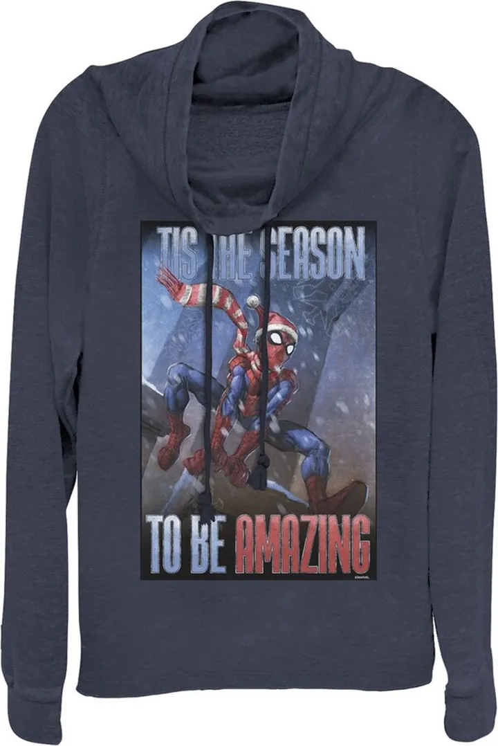 Junior's Marvel Spider-Man 'Tis The Season To Be Amazing Cowl Neck Sweatshirt - Navy Blue - X Small