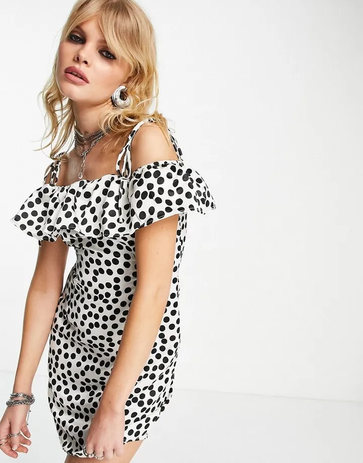 Topshop spot satin ruffle mini dress in mono