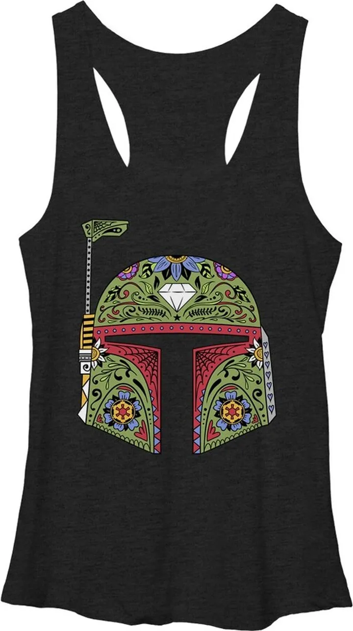 Women's Star Wars Boba Fett Sugar Skull Racerback Tank Top - Black Heather - Medium