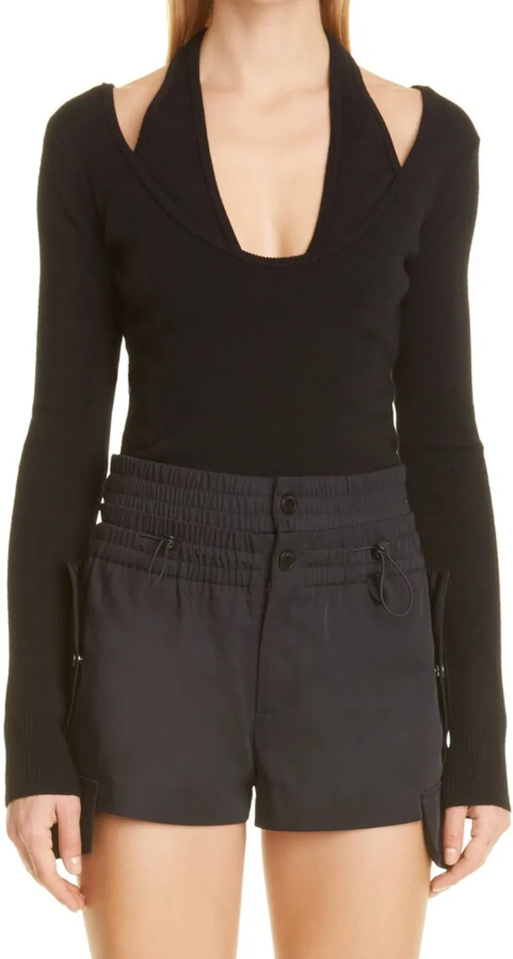 Bikini Detail Long Sleeve Wool Blend Top