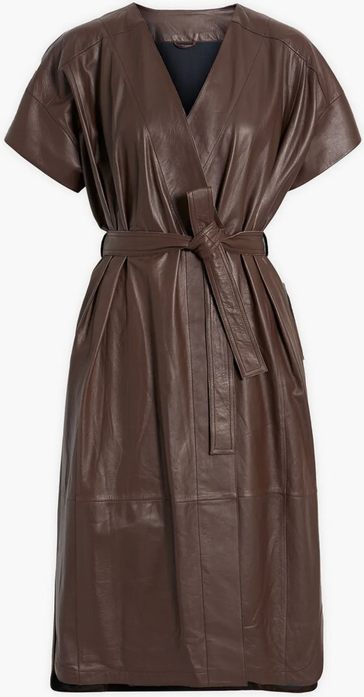 Belted leather wrap dress