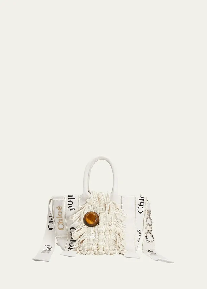 Woody Small Logo Fringe Canvas Tote Bag