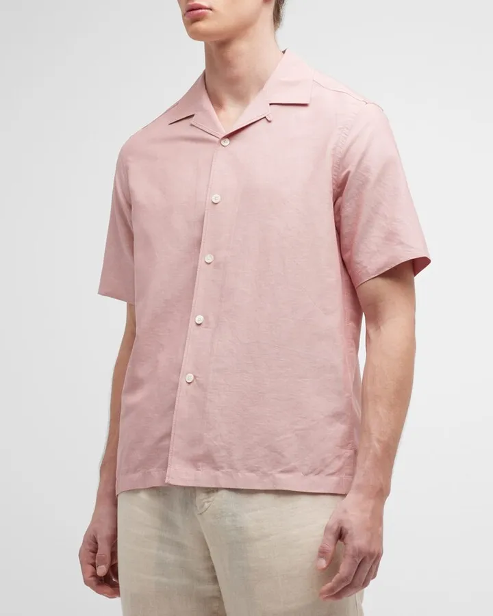 Men's Crossover Cotton-Linen Camp Shirt