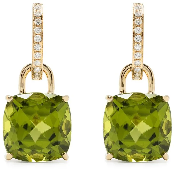 18kt yellow gold Cushion peridot and diamond drop earrings