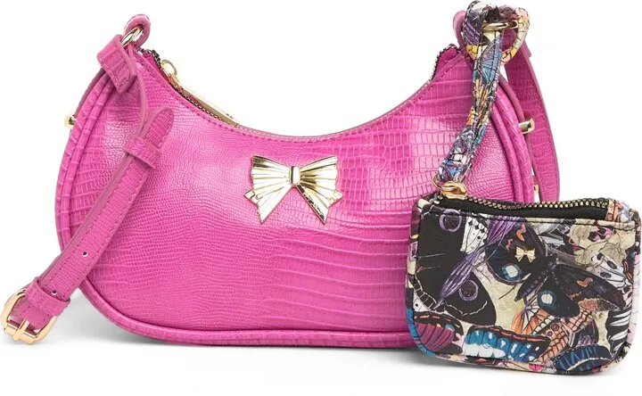 Croc-Embossed Crescent Crossbody Bag & Pouch