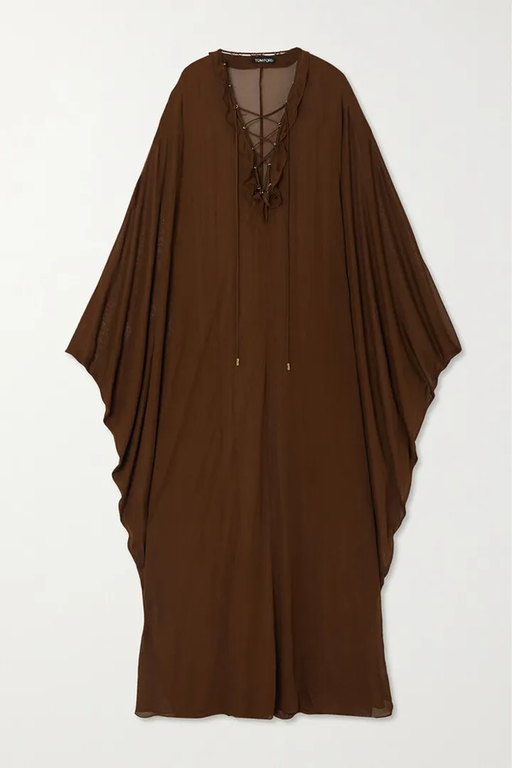 TOM FORD - Ruffled Lace-up Chiffon Gown - Brown