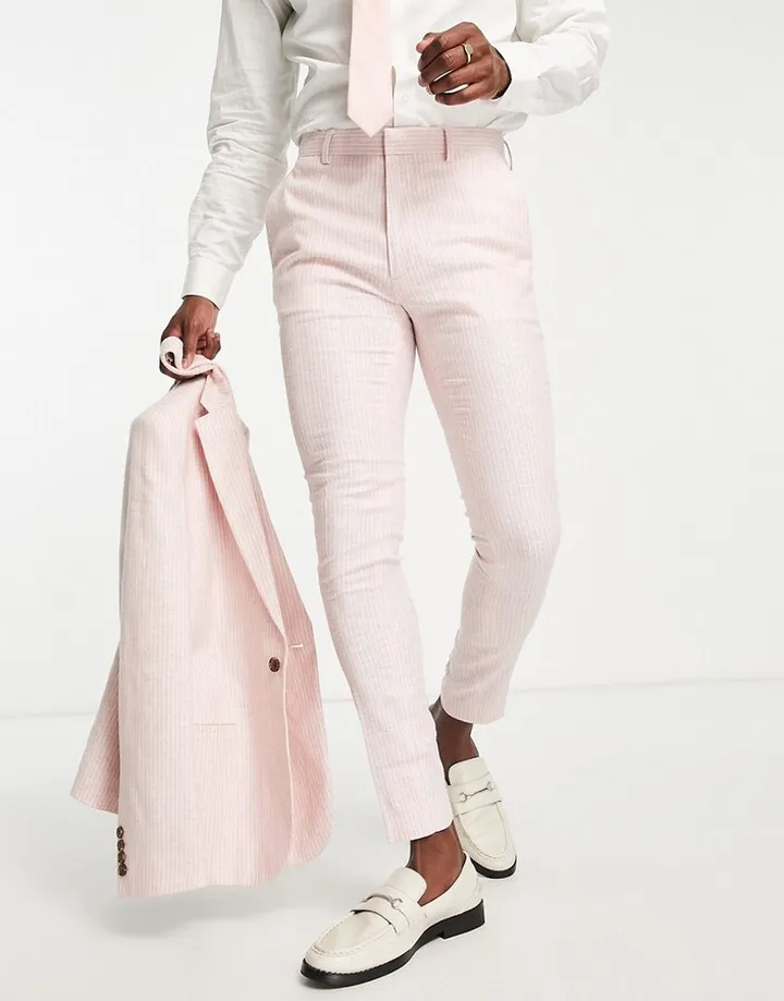 ASOS DESIGN skinny linen mix suit pants in pink pinstripe