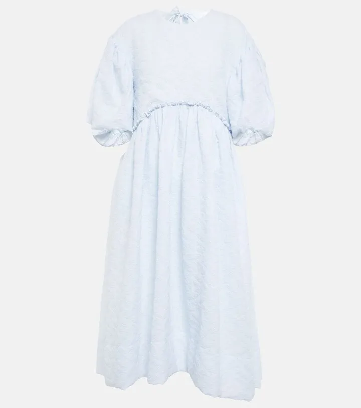 Puff-sleeve cotton-blend midi dress