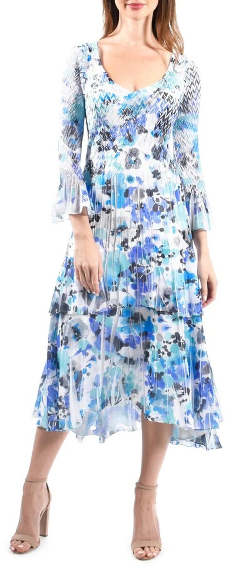 Floral Tiered Charmeuse & Chiffon Midi Dress