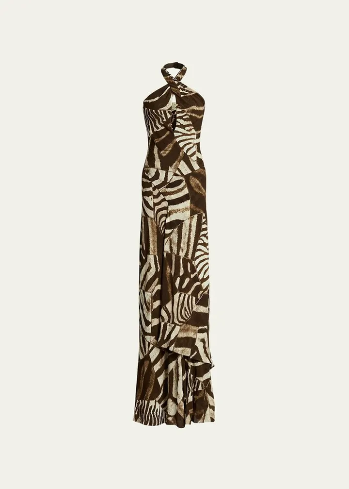 Niccola Animal-Print Crossover Halter Gown