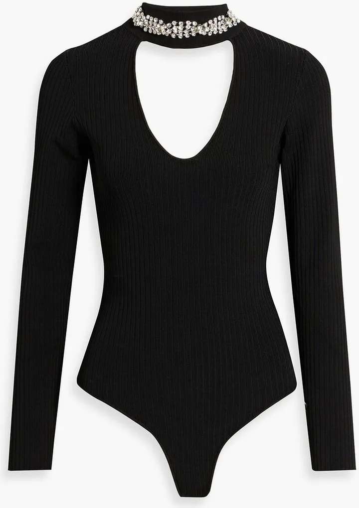 Embellished cutout ribbed-knit turtleneck bodysuit