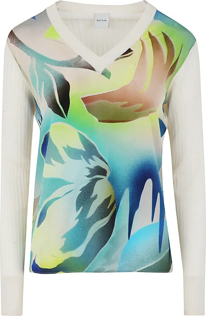 V-neck Jnitted Sweater Sleeveless With Silk And Leaf Print On The Front
