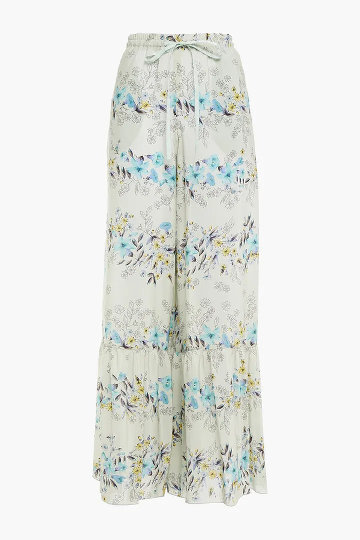 Gathered printed silk wide-leg pants