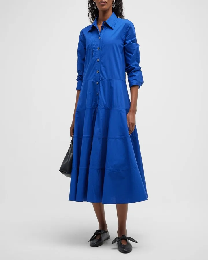 Patch-Pocket Tiered Midi Shirtdress