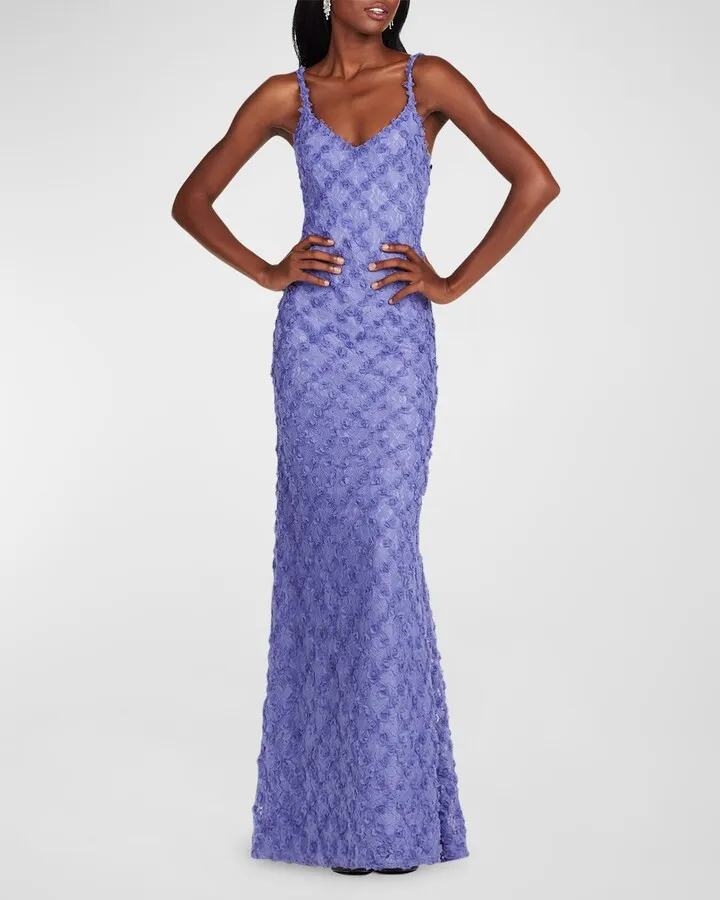 Sleeveless Flower-Trim Lace Gown