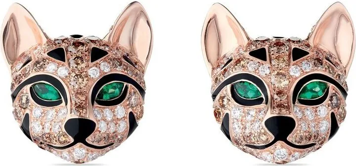 18kt rose gold Fuzzy the Leopard diamond and emerald earrings