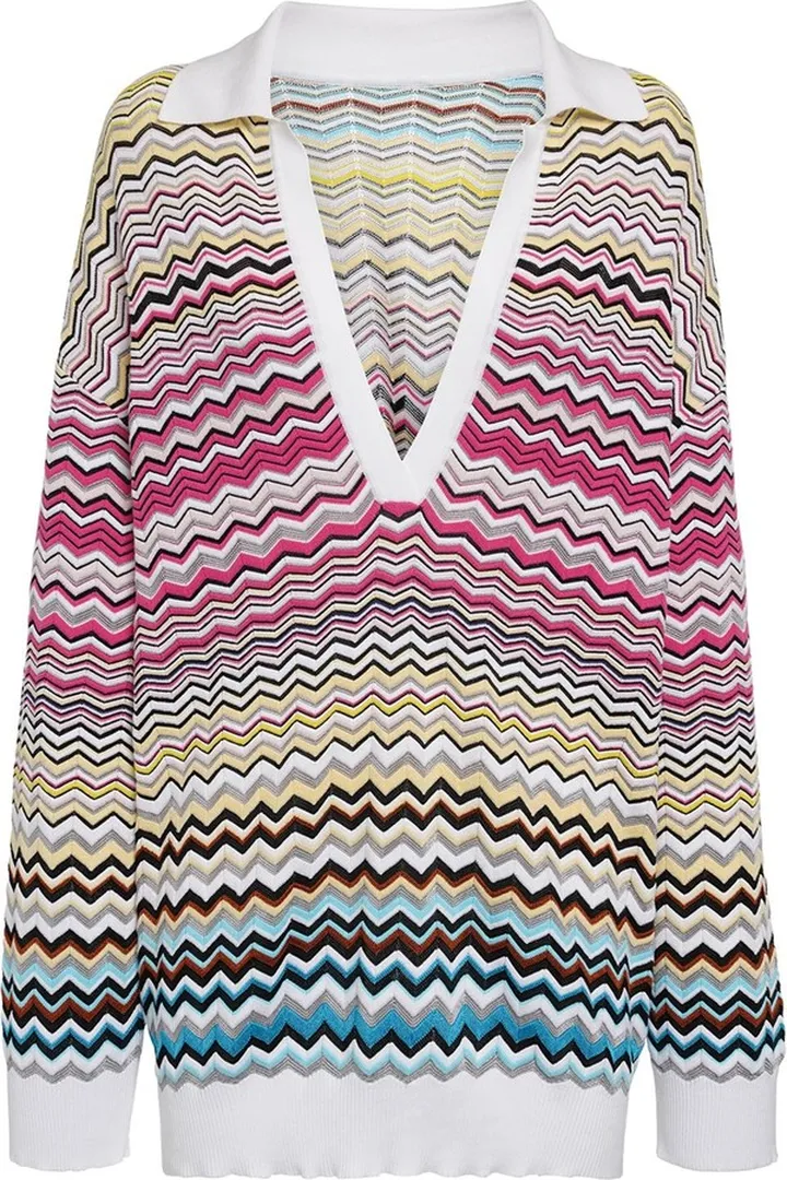 Cotton blend zig zag knit V neck sweater