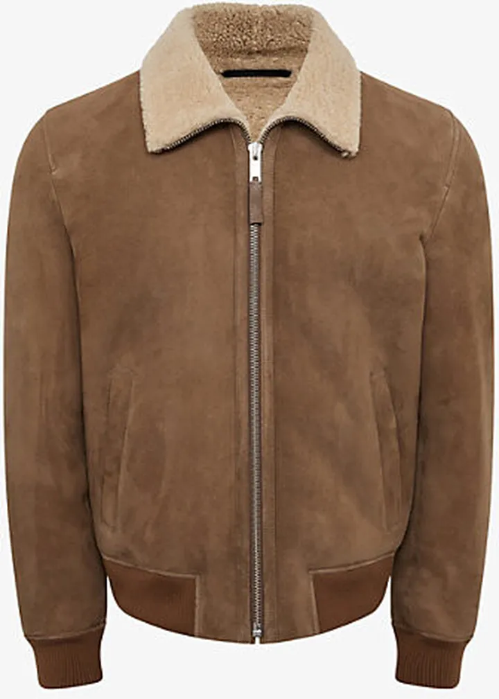 Mens Mocha oburn Zipped Shearling Bomber Jacket