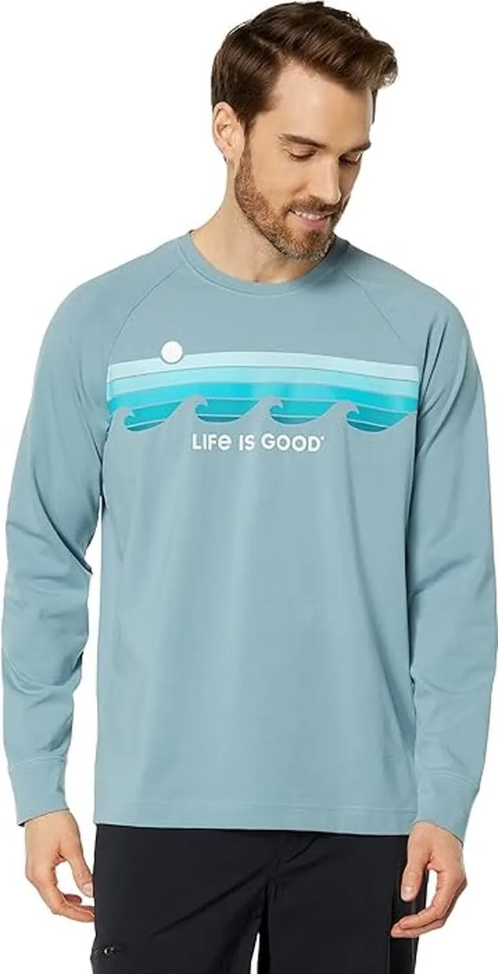 Life is Good Retro Wave Stripe Crusher-Flex Crew (Smoky Blue) Men's T Shirt