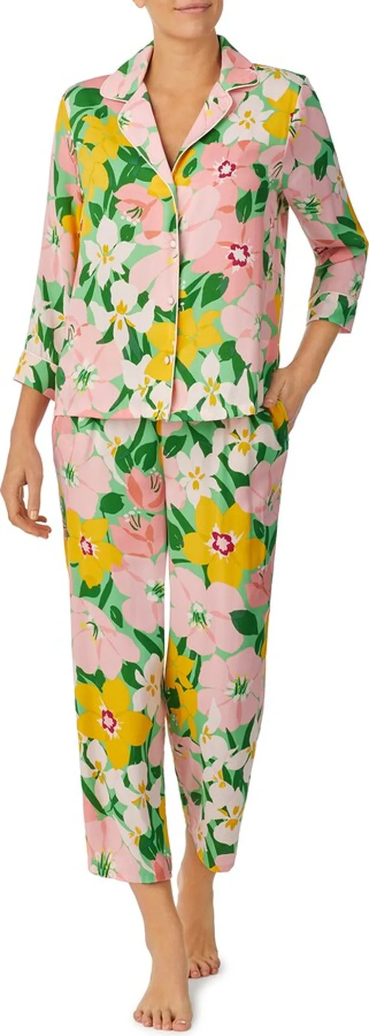 Floral Three-Quarter Sleeve Crop Knit Pajamas