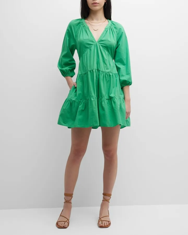 Nadia Tiered Blouson-Sleeve Poplin Mini Dress