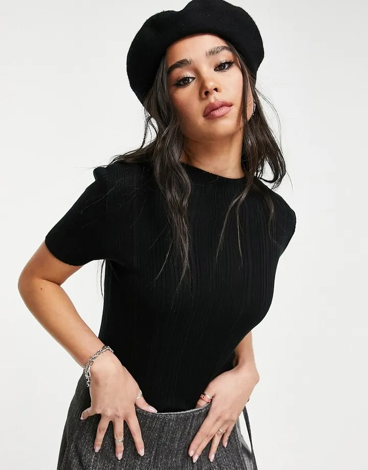 Topshop knitted detailed tee in black
