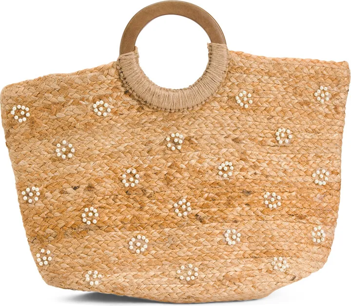 Jute Tote With Pearl Flowers