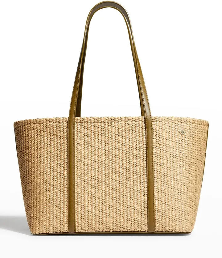 East-West Raffia & Leather Tote Bag