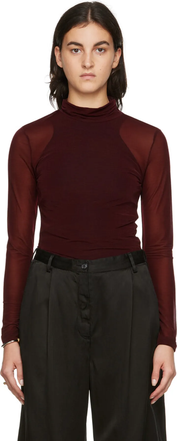 Dries Van Noten Burgundy Semi-Sheer Turtleneck