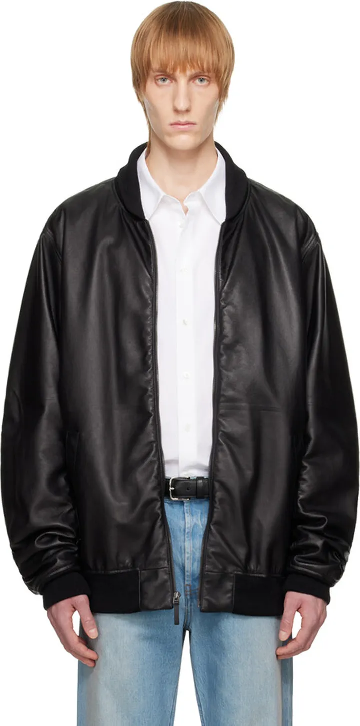 The Row Black Shawn Leather Bomber Jacket