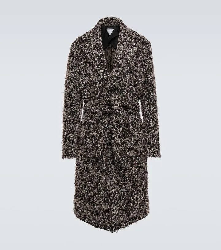 Belted wool-blend tweed overcoat