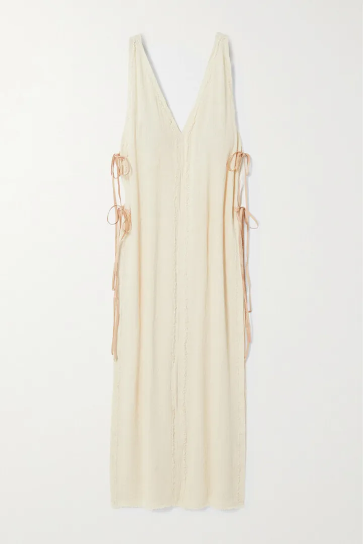 Caravana - + Net Sustain Huntochac Leather-trimmed Frayed Cotton-gauze Tunic - White